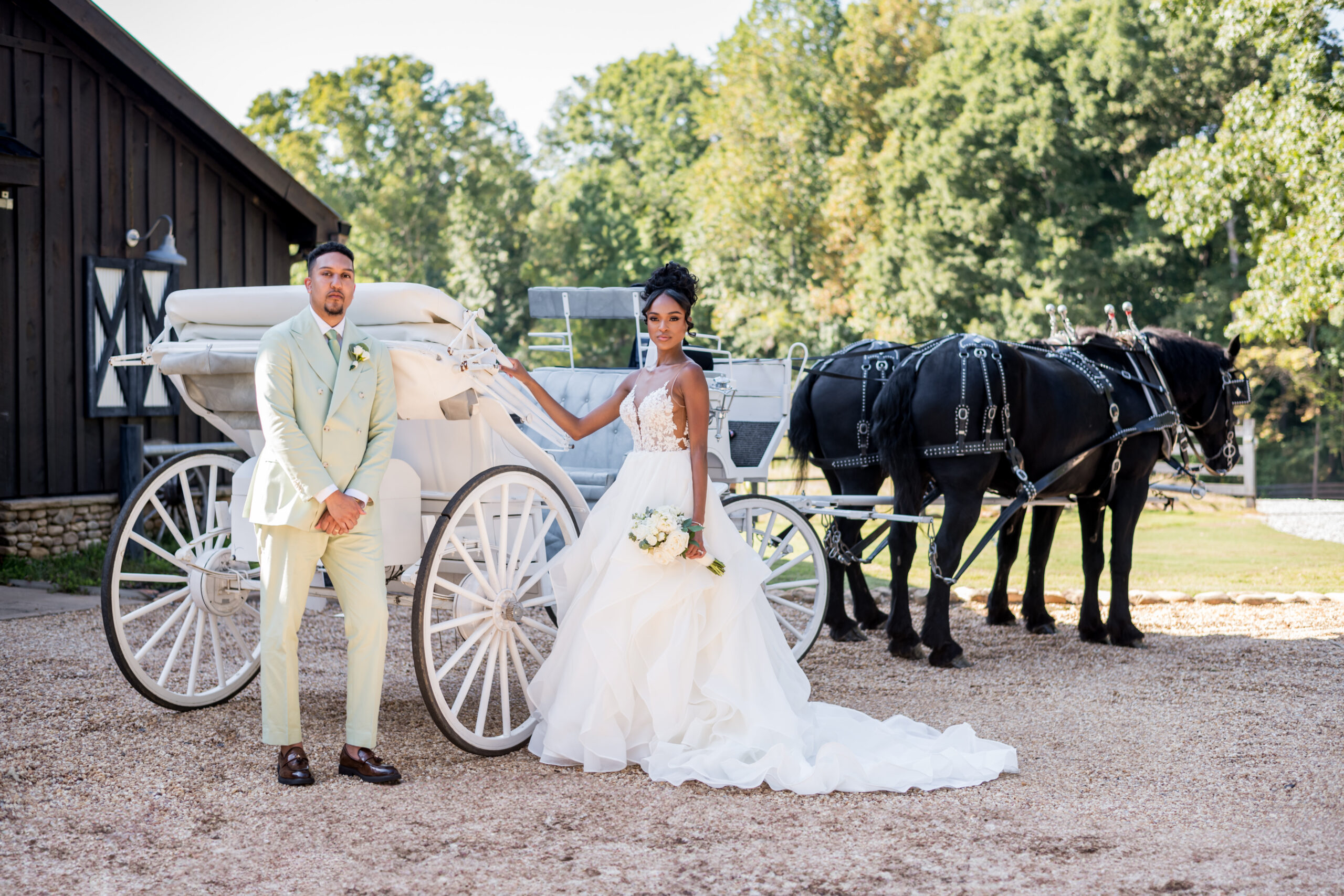 The Revere Venue horse and carriage wedding portraits for the bride and groom