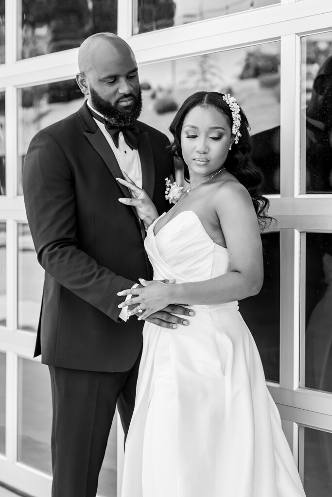 Elopement at Chateau Elan Winery captured by JAM&CO Studios Atlanta Elopement photographer black and white photo of bride and groom