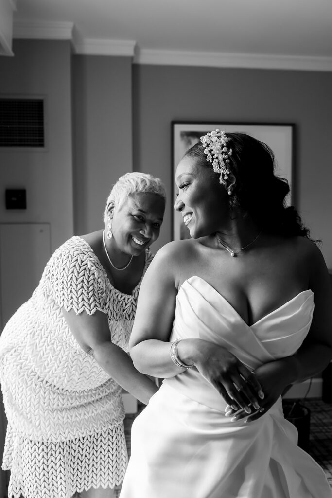 Elopement at Chateau Elan Winery Black and white photo of bride getting ready with mom captured by JAM&CO Studios Atlanta Elopement Photographer