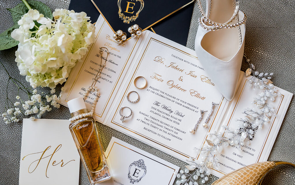 The Whitley Hotel Wedding captured by JAM&CO Studios wedding photo and video team bridal details flatlay